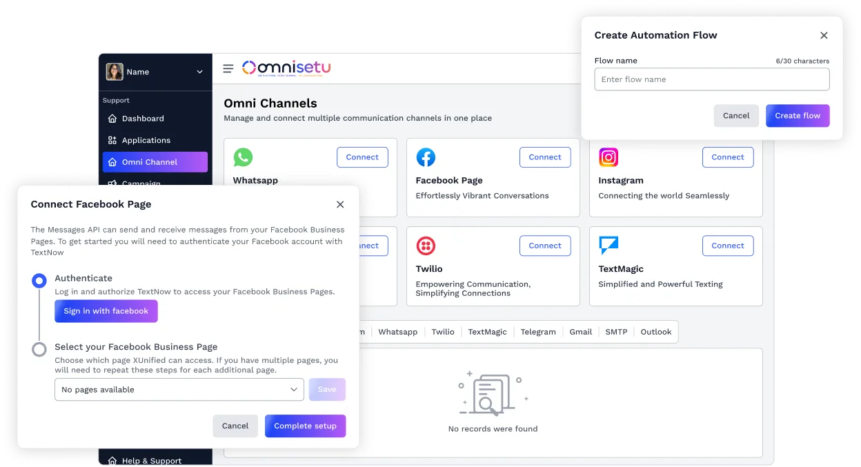 WhatsApp and Facebook channel configuration